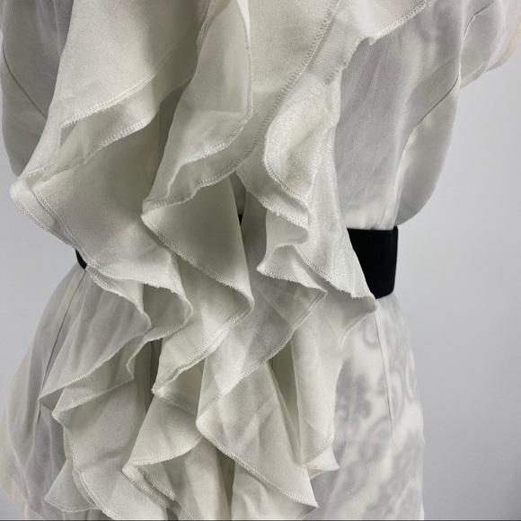 Love Tree white ruffle front black belt blouse. Sleeveless v-neck. Career work - Picture 7 of 12